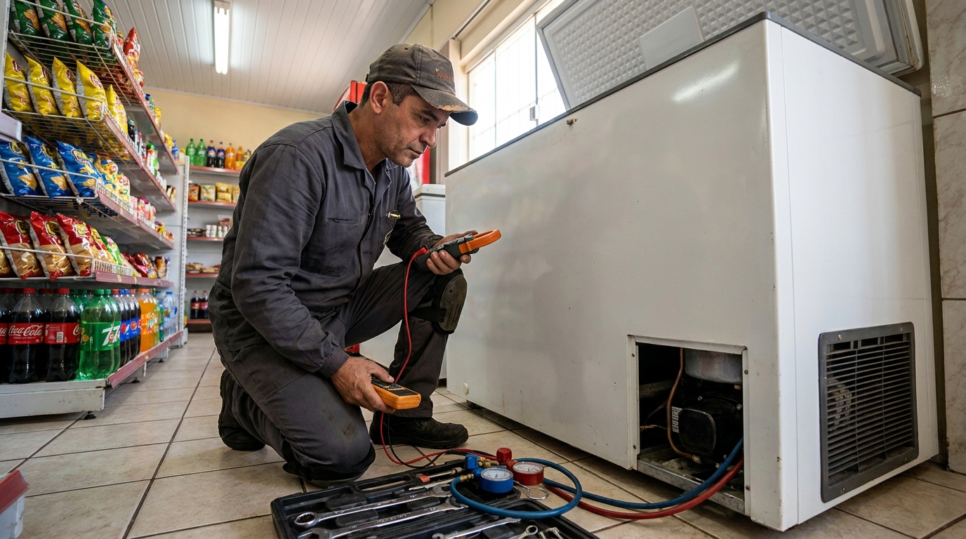 Reparo da placa eletrônica de um freezer em atendimento em Vila Velha‑ES