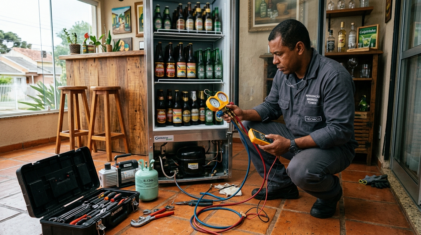 Técnico revisando o motor de uma cervejeira durante chamado em Vila Velha‑ES