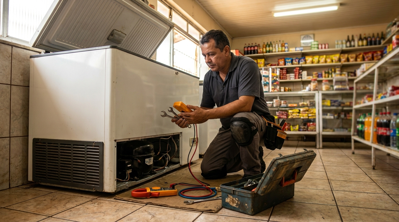 Técnico reparando o motor de um freezer horizontal em Vila Velha‑ES