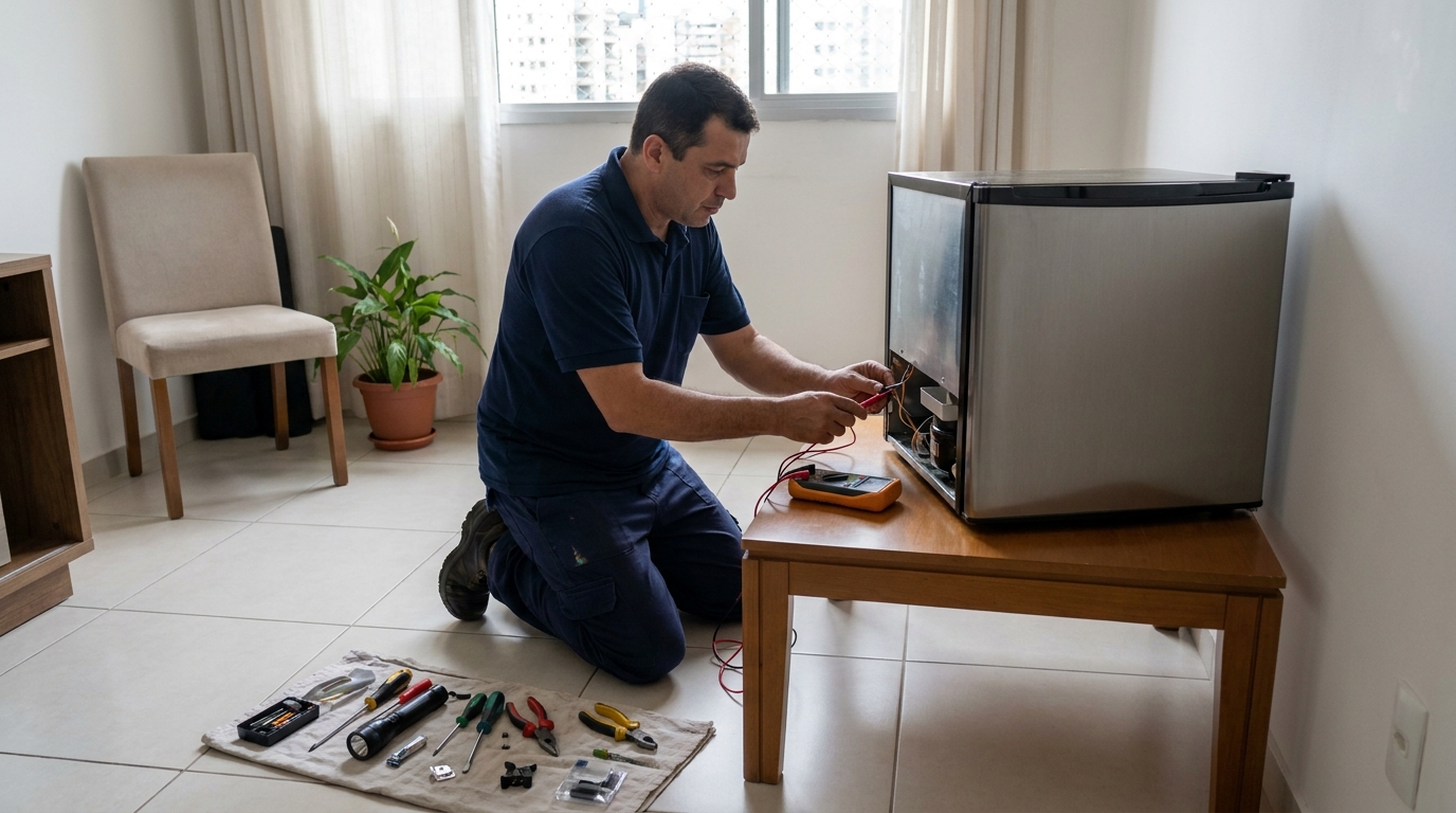 Técnico revisando o motor de um frigobar em Vila Velha‑ES