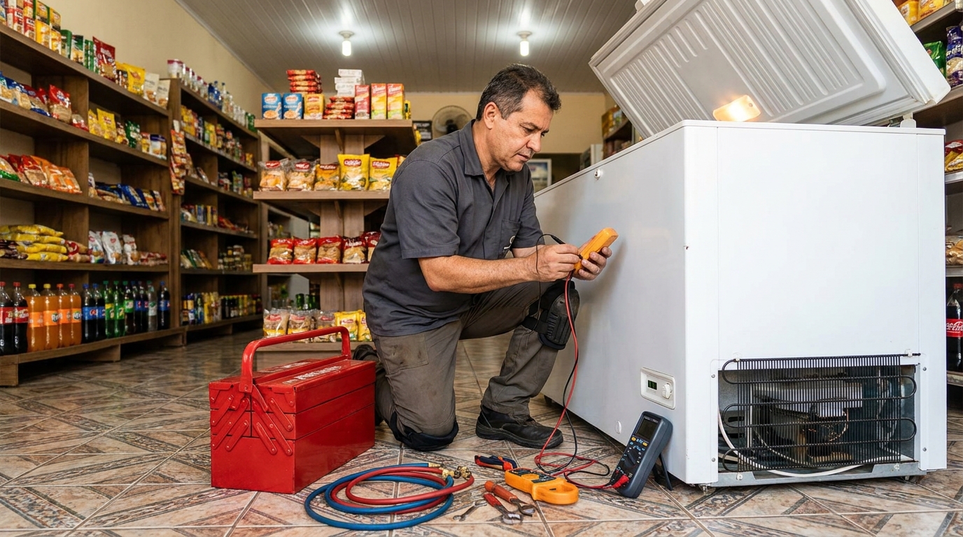 Manômetro conectado ao circuito durante recarga de gás de freezer em Vila Velha‑ES