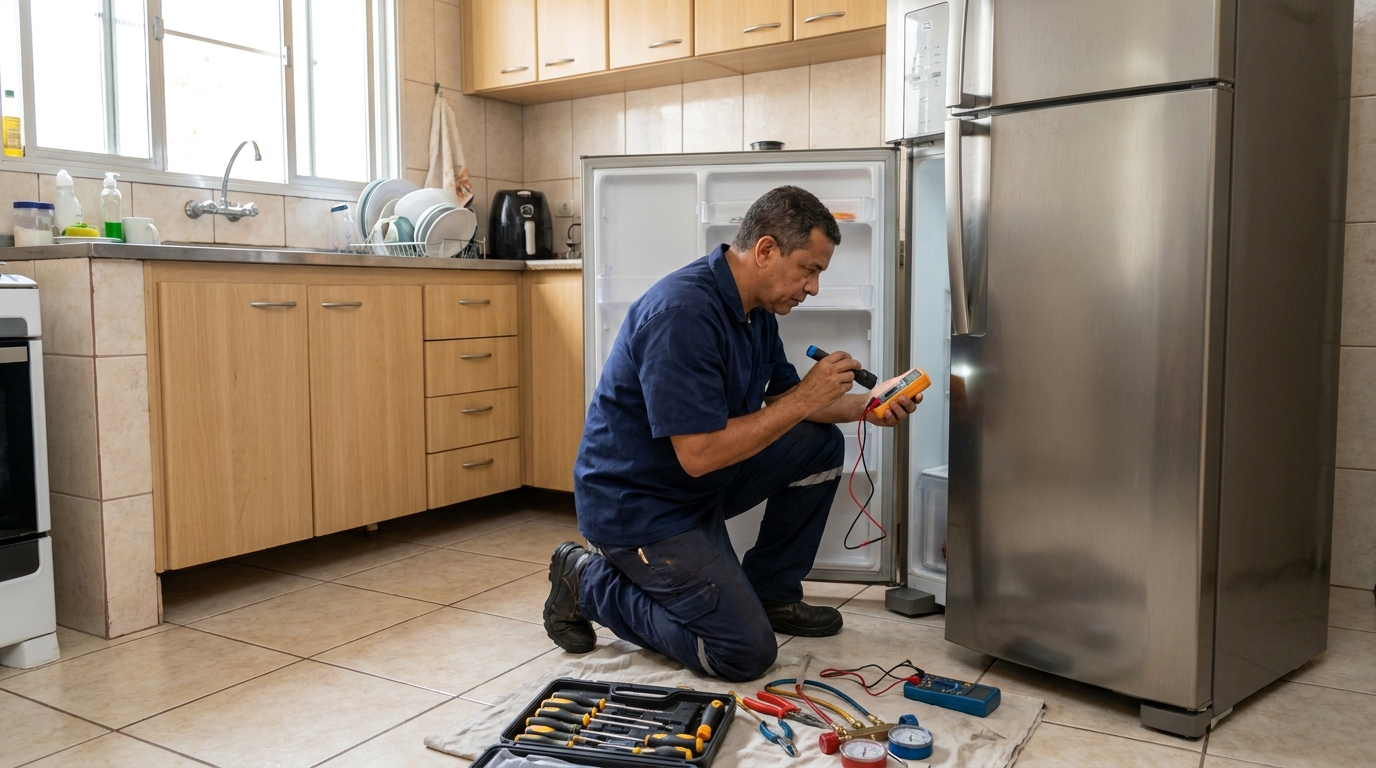 Técnico fazendo recarga de gás em geladeira de cliente em Vila Velha‑ES